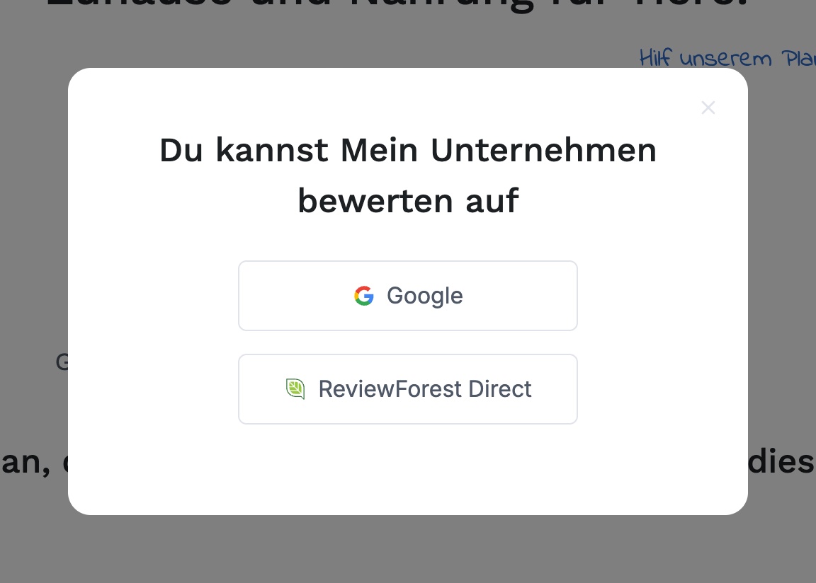 Auswahlfenster mit Google und ReviewForest Direct nach Klick auf "Jetzt bewerten"