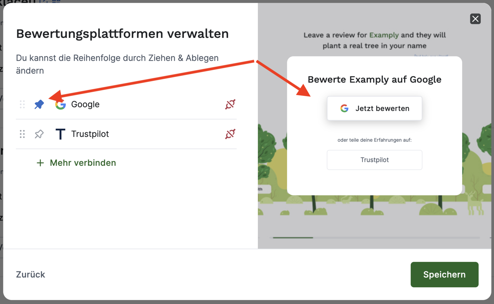 'Bewertungsplattform oben anheften'