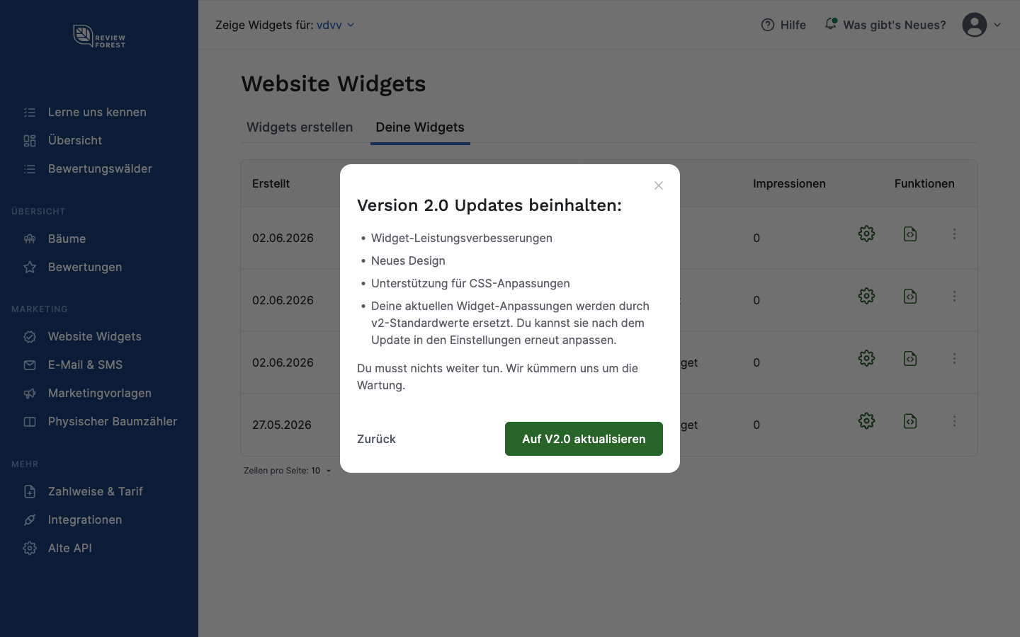 Der Bestätigungsdialog "Version 2.0 Updates beinhalten"