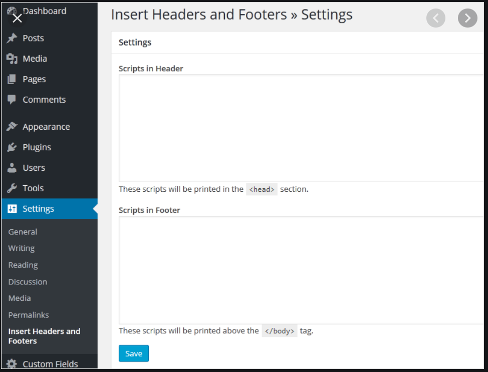 "Insert Headers and Footers" Einstellungen