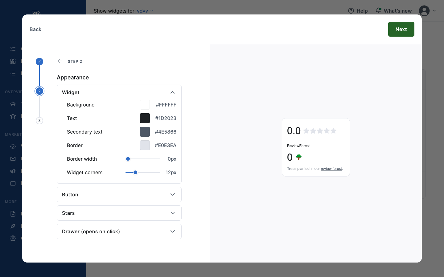 Step 2 Appearance, showing the widget color controls and a live preview