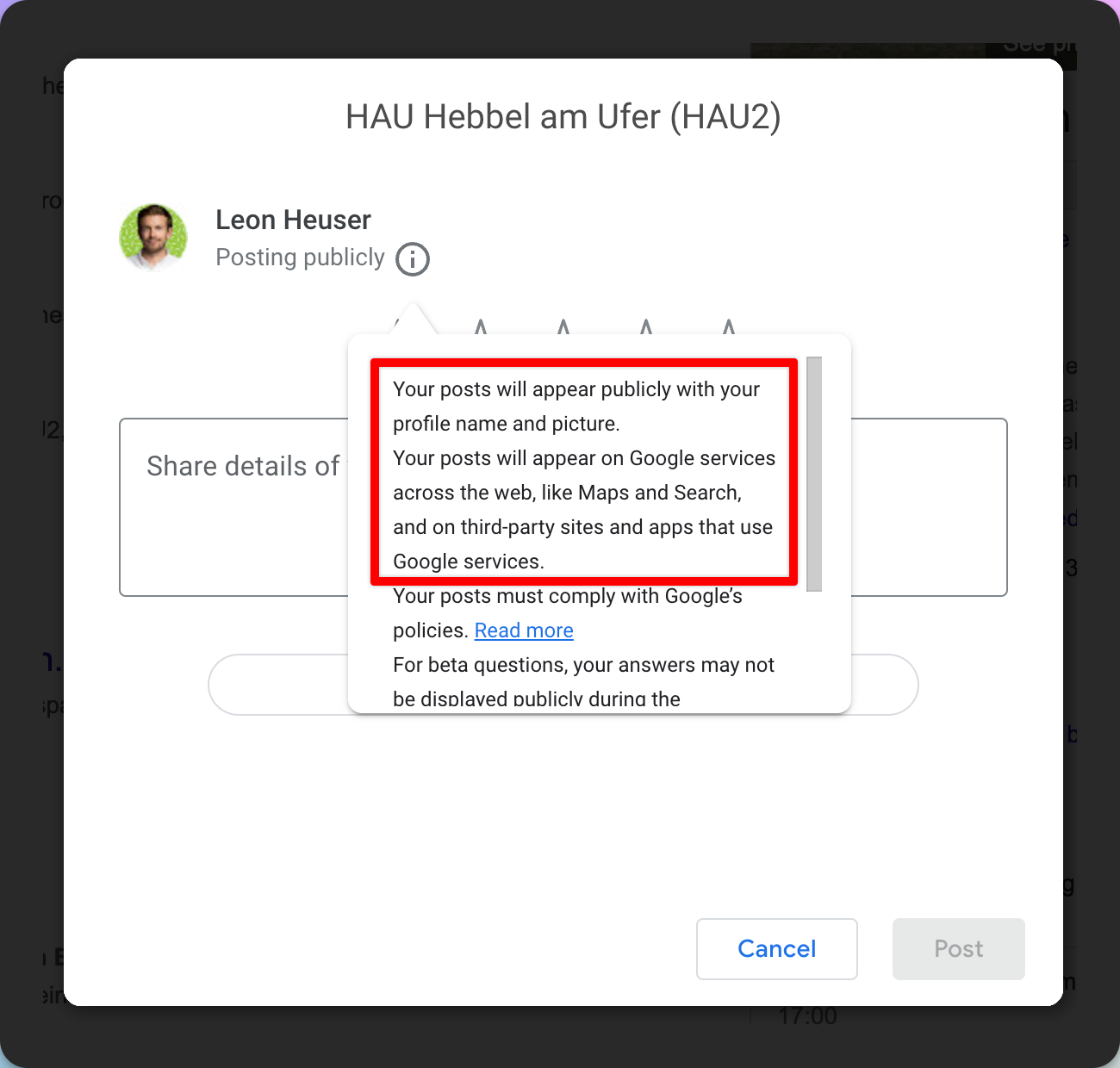 Expanded view of the Google review modal detailing the public nature of posts, indicating they can appear on various Google services and third-party sites like ReviewForest