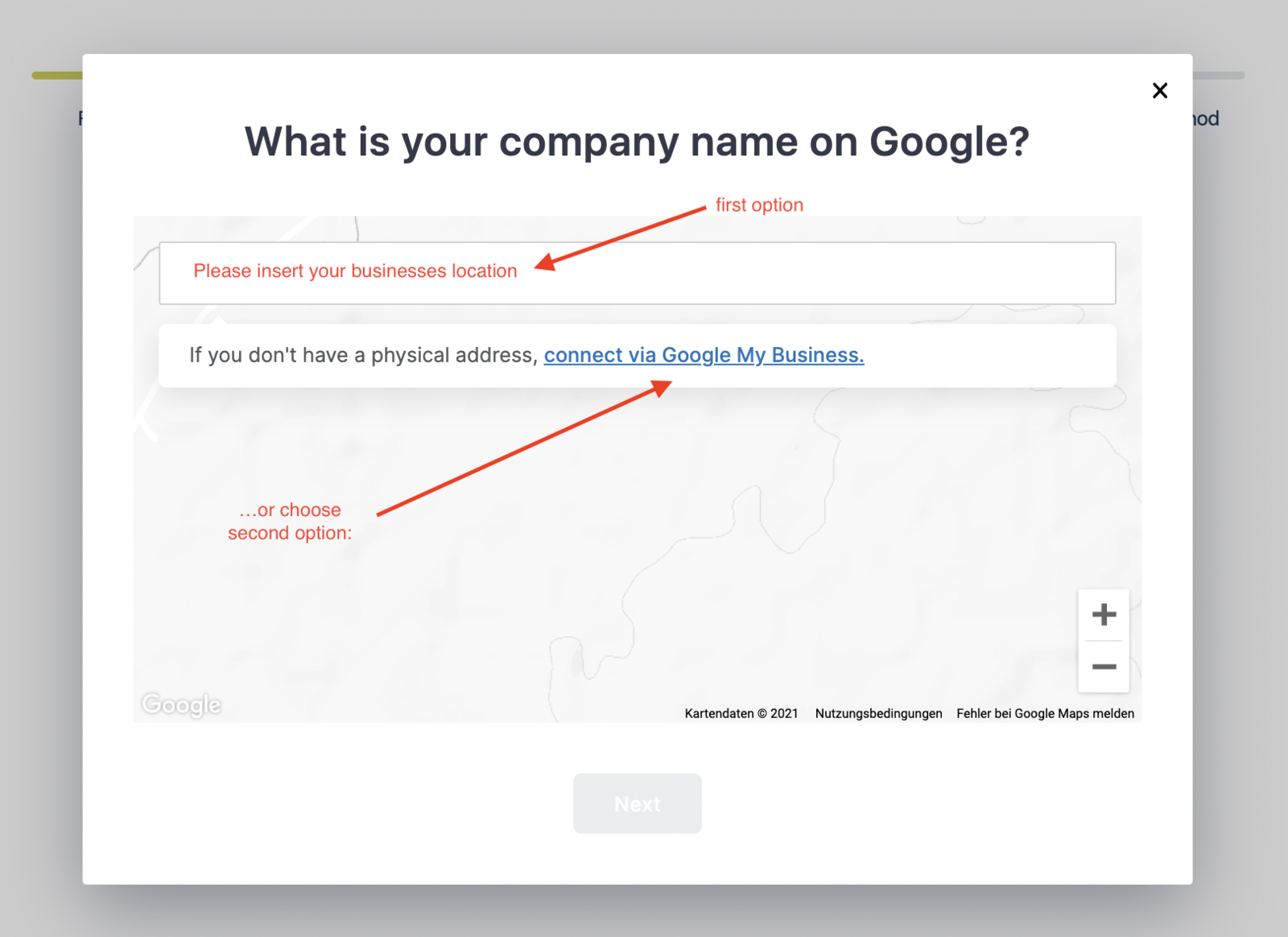 Two options for signup via Google