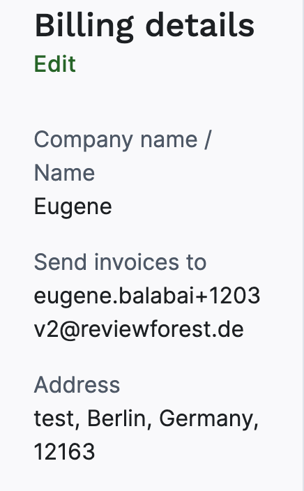 Billing details in your ReviewForest account settings