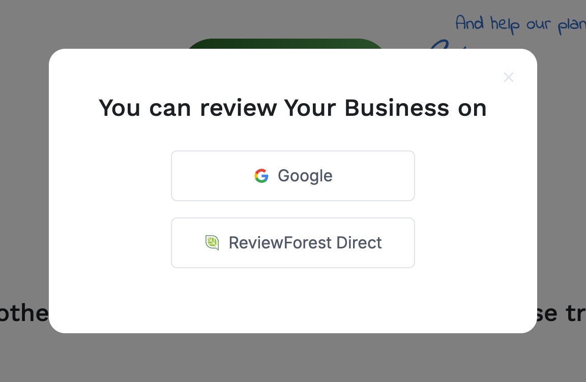 Selection window with Google and ReviewForest Direct after clicking "Write a review"