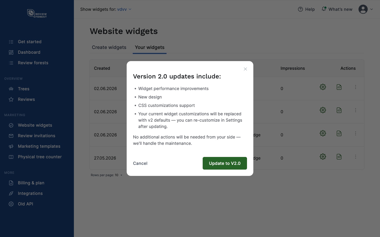The "Version 2.0 updates include" confirmation dialog